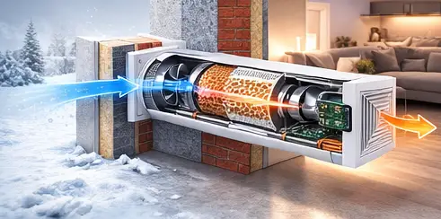 True dual-fan regenerative ventilation airflow architecture with engineered ceramic accumulator